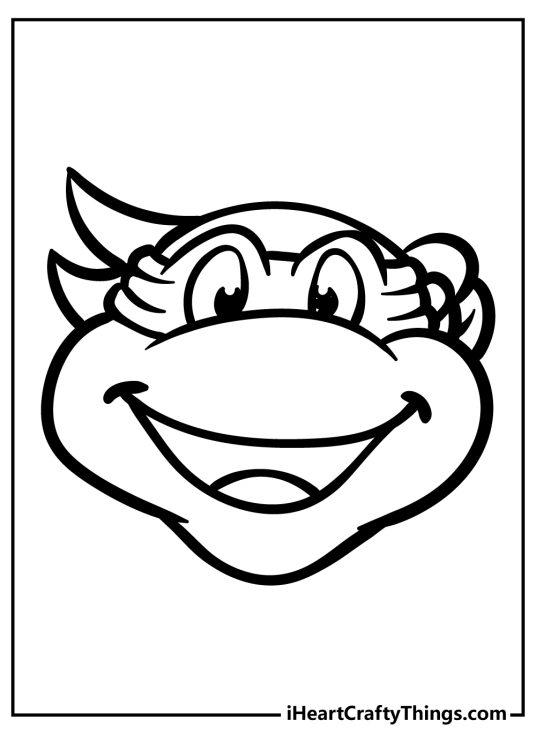 Ninja Turtles coloring printable depicting a face of a smiling turtle with eye mask