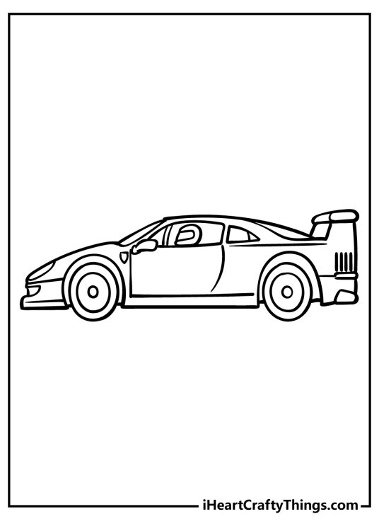 Race car printable coloring picture featuring side view of the car with a driver
