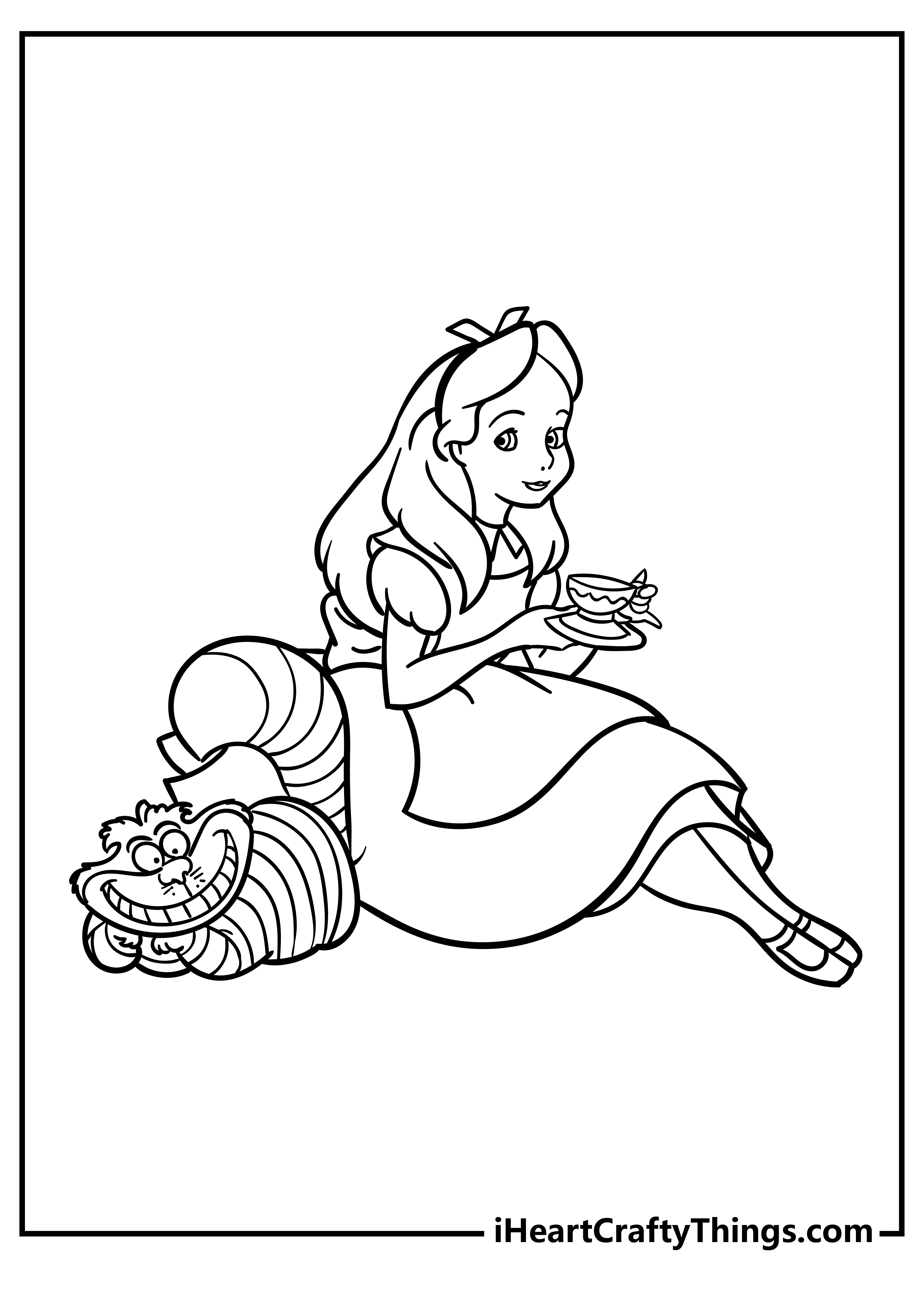 Alice In Wonderland Coloring Page with mysterious Cheshire Cat