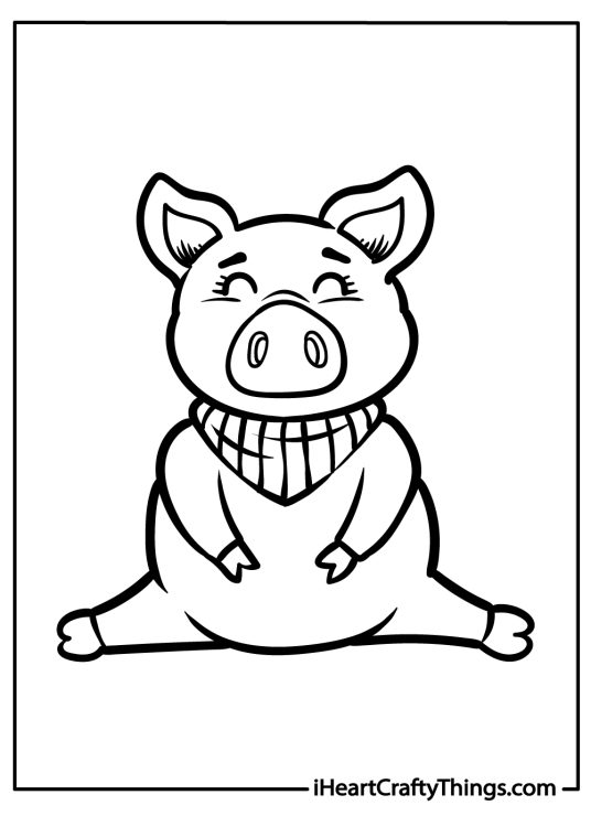 Cute animals-themed picture of an adorable pig sitting on the floor with a scarf wrapped around its neck