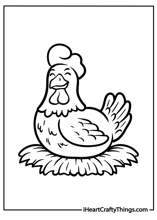 Cute animals coloring printable for kids featuring happy a chicken sitting in her nest