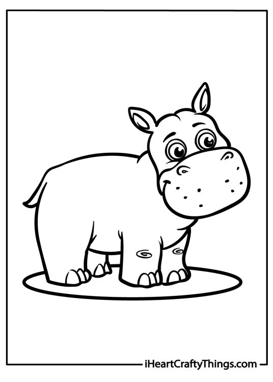 Cute animals printable coloring image of a chubby hippopotamus facing the right side