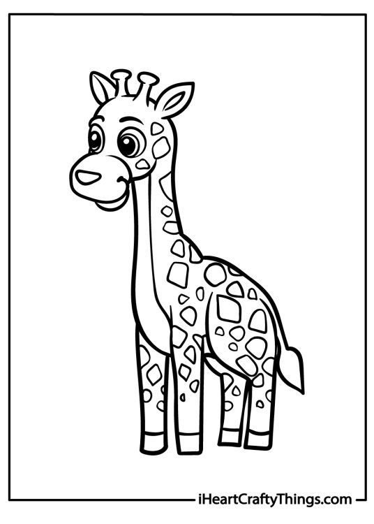 Detailed cute animals-themed printable depicting tall and graceful giraffe with expressive patterned fur