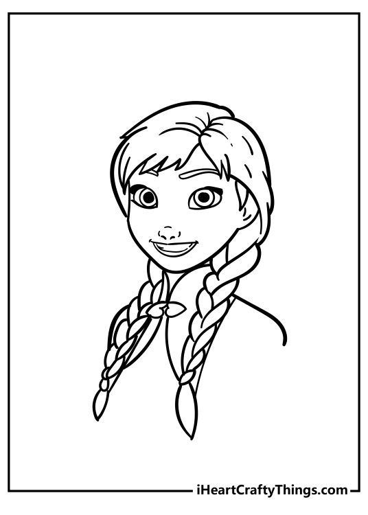 Simple printable coloring image for children featuring Frozen princess Anna with two braids hairstyle
