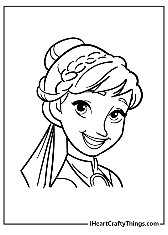 Printable portrait of a charming princess Anna with updo woven with ribbons and topped with a tiara