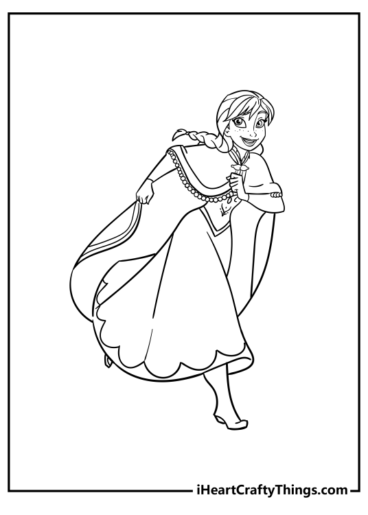 Detailed coloring sheet for kids featuring Anna on the move while looking very happy
