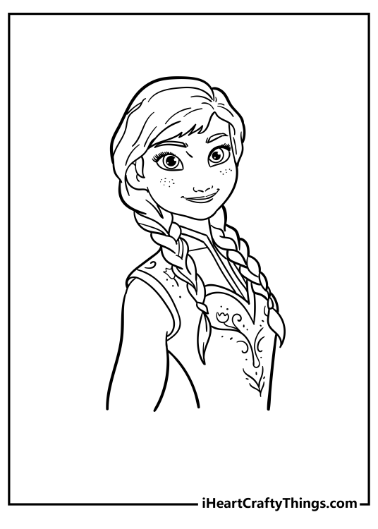 A close-up printable coloring portrait of Anna wearing dress decorated with beautiful ornaments