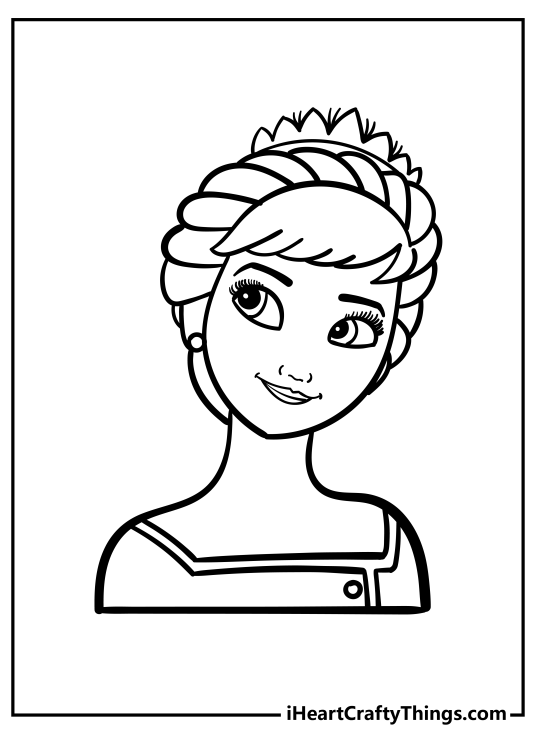 Free coloring portrait of princess Anna wearing a gemstone tiara looking like a regal queen