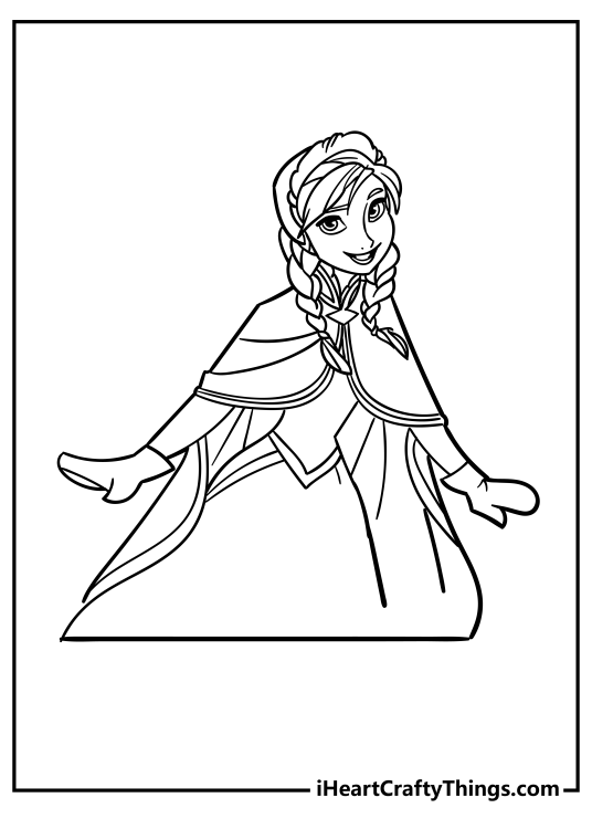 Black-and-white printable featuring Frozen princess Anna dressed in some pretty winter clothing
