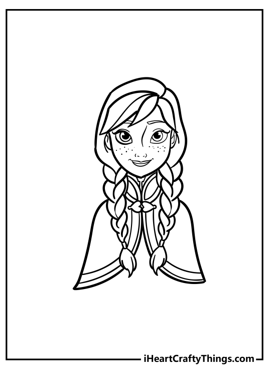 Frozen-themed printable coloring sheet for kids featuring Anna wearing mantle with hair styled in two braids