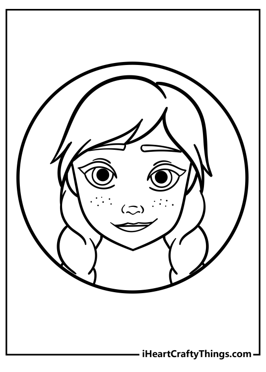 Frozen-themed coloring picture featuring a close-up of young Anna
