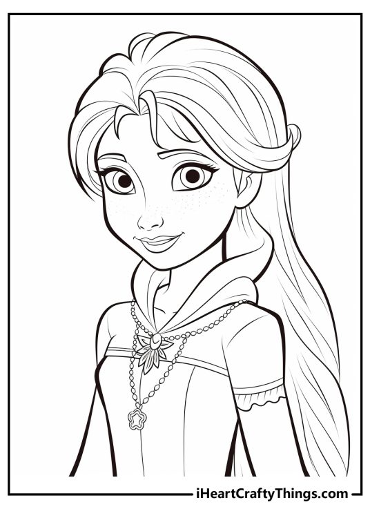 Detailed coloring sheet for adults featuring glamorous princess Anna wearing fancy dress and jewelry