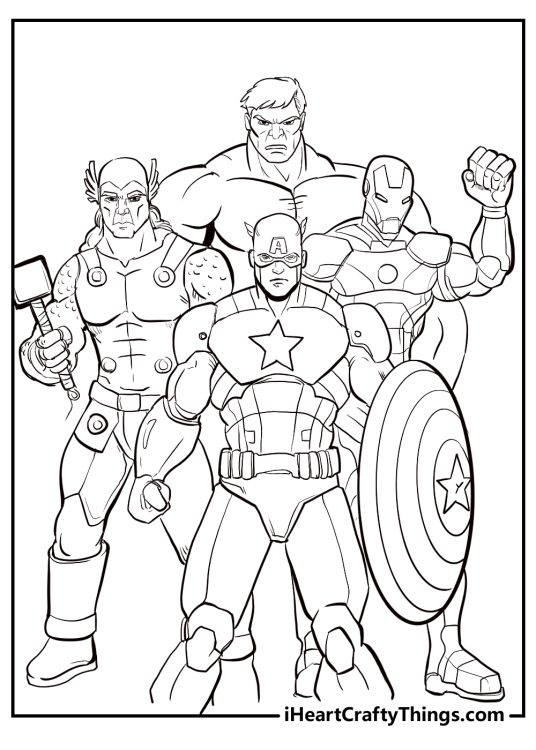 Printable picture of four Avengers - Thor Hulk Iron Man and Captain America posing together