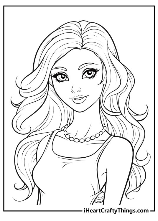Realistic detailed Barbie face coloring page for kids
