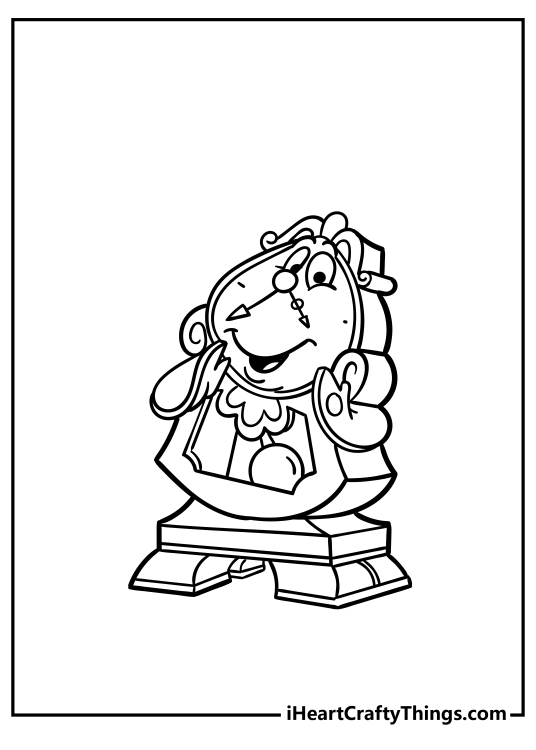 Beauty and the Beast coloring printable presenting clock-themed character Cogsworth