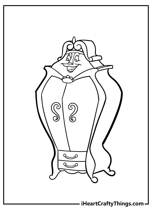 Coloring image for kids featuring Beauty and the Beast character Madame Garderobe