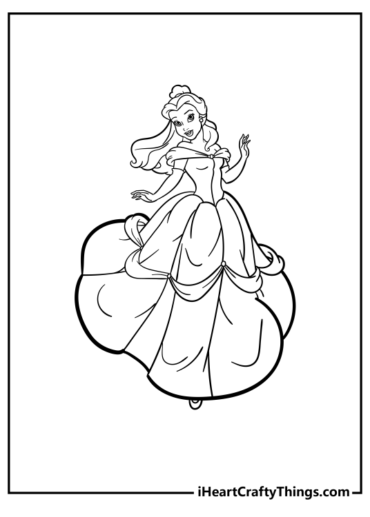 Beauty and the Beast printable coloring page presenting Belle dancing in a beautiful ballgown