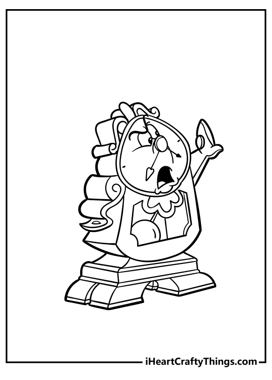 Coloring printable for kids presenting clock-themed Beauty and the Beast character Cogsworth