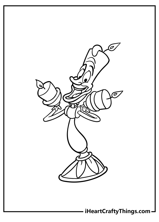 Beauty and the Beast coloring page featuring charismatic character Lumiere transformed into a candelabra