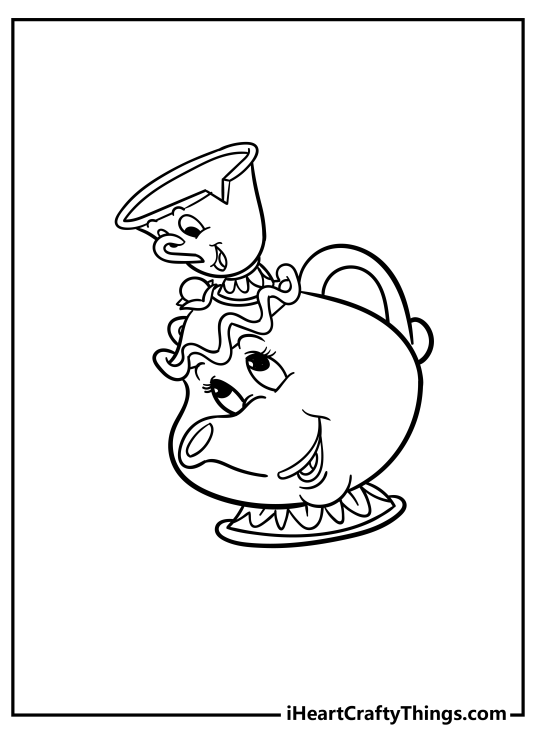 Beauty and the Beast coloring printable featuring character Mrs Potts joined by her son Chip