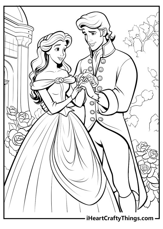 Beauty and the Beast poster featuring Beauty and the Prince looking at each other surrounded by roses and greenery
