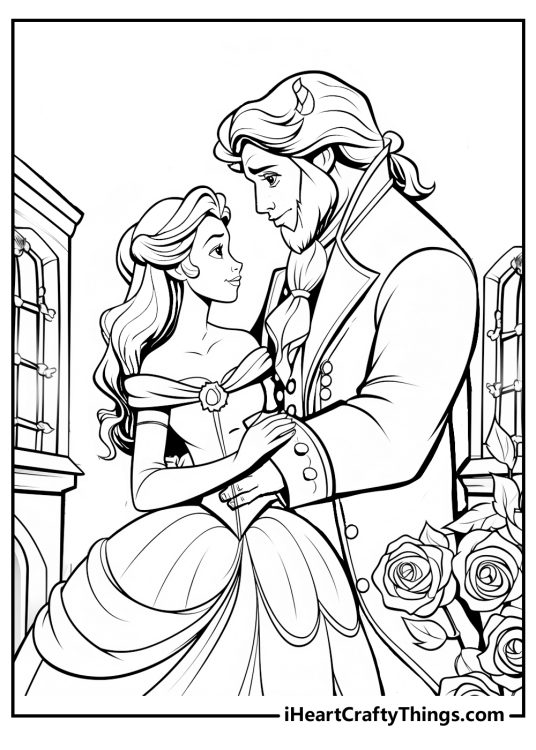 Beauty and the Beast coloring page featuring charming prince and Beauty dancing in a ballroom