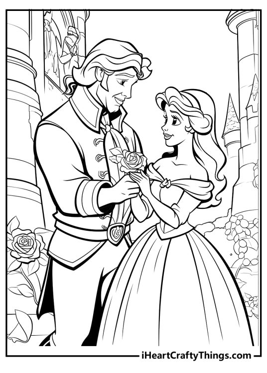 Beauty and the Beast picture featuring Belle and Prince posing in a garden dotted with roses