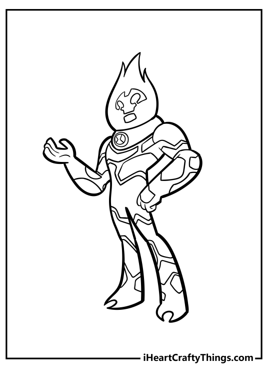 Coloring picture for kids presenting Ben 10 heroe Heatblast with his signature flaming head