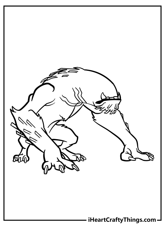 Black-and-white printable image featuring ferocious Ben 10 alien Wildmutt with clear background