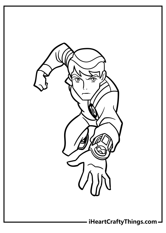 Coloring image for children featuring Ben 10 on the move in his human form with clear background behind him