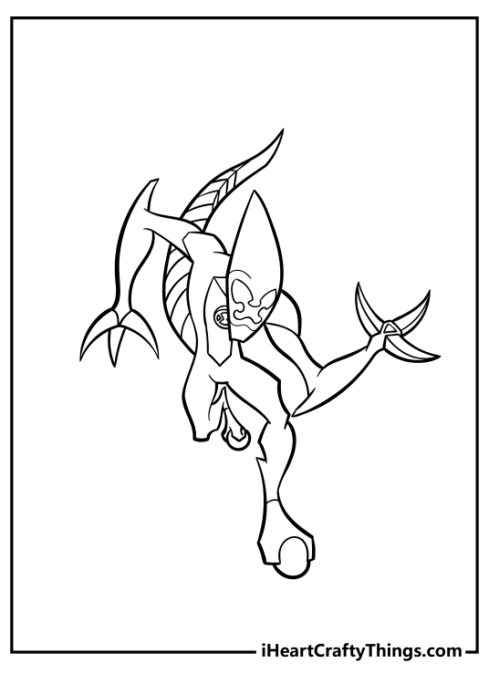 Detailed printable picture to color presenting alien XLR8 moving at high speeds