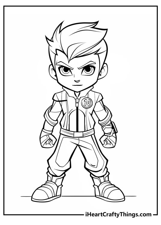 Ben 10 coloring page depicting young hero dressed in a super-suit with tons of details