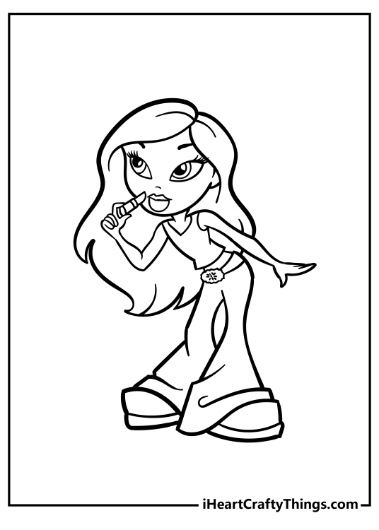 Detailed coloring picture for children featuring Bratz doll applying her lipstick