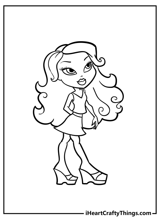 Picture to color featuring fancy Bratz doll with long curly hair wearing sleeveless top and a mini skirt