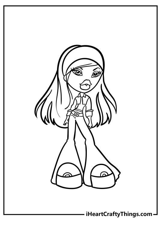 Picture to print and color featuring cool-looking Bratz doll with a headband and flaired jeans