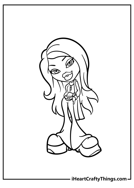 Free printable coloring sheet for kids of a trendy Bratz doll wearing really slick and modern outfit