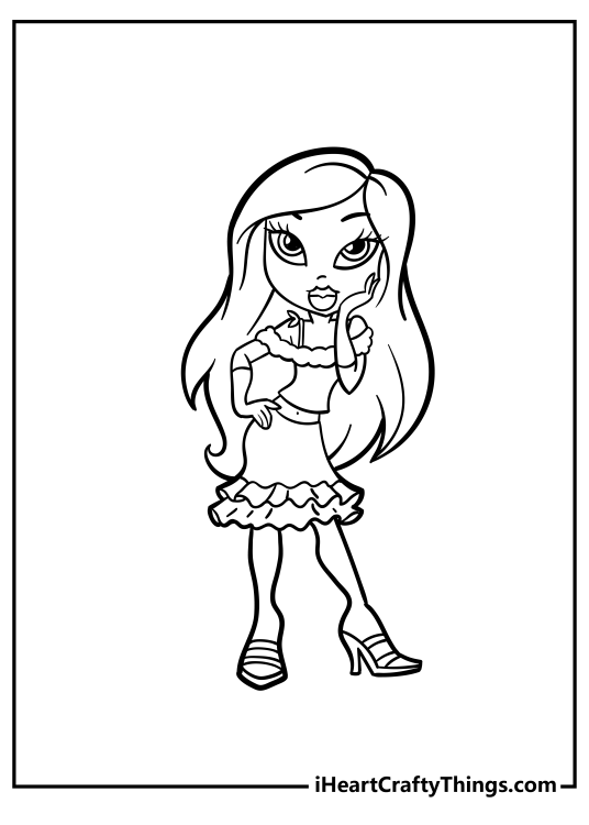 Bratz coloring sheet featuring doll that has a really pretty outfit with many ruffles