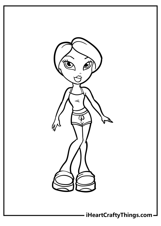 Free printable pdf depicting simple and elegant style Bratz doll with clear background