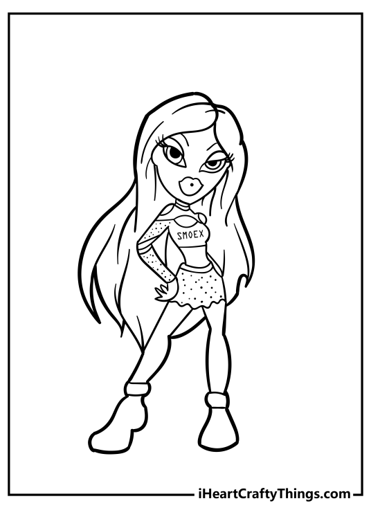 Bratz-themed picture to print and color featuring super glamorous doll wearing fashionable glittery outfit