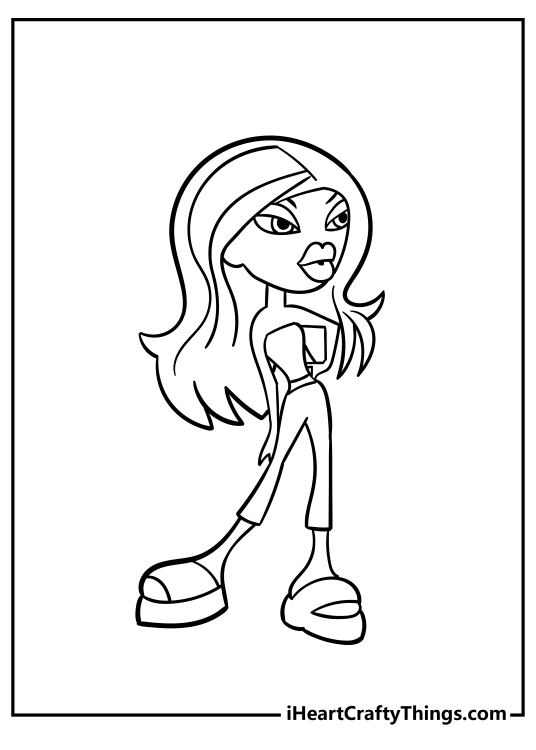 Coloring printable for kids featuring Bratz doll with a lot of attitude striking a feisty pose