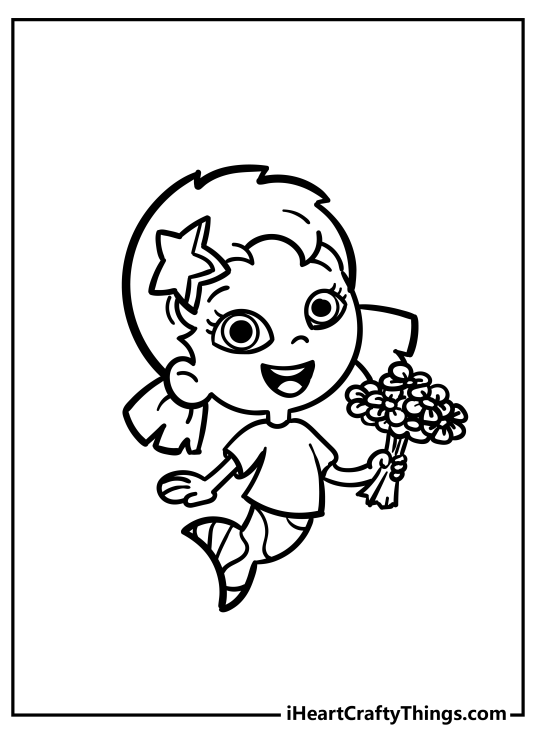 Bubble Guppies picture to print and color featuring Oona holding a bouquet of flowers