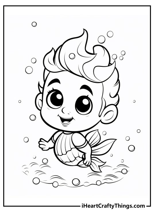 Free Bubble Guppies-themed coloring picture featuring character with a spiky hair surrounded by water bubbles