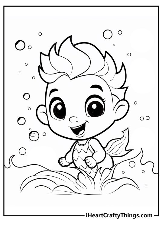 Bubble Guppies coloring printable presenting joyful Gil floating in a water surrounded by fizzy bubbles