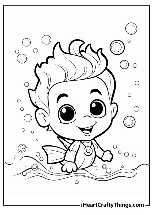 Bubble Guppies-themed page presenting character Gil with fizzy bubbles all around him