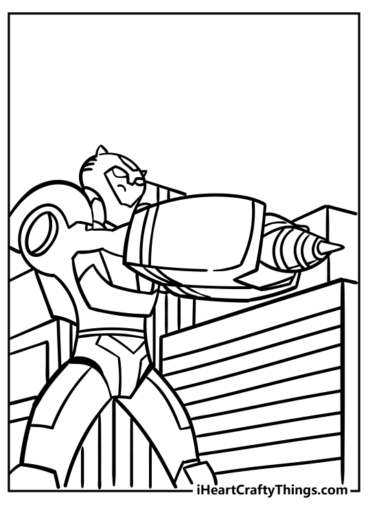 Coloring drawing presenting a city scene with Bumblebee wielding a massive weapon