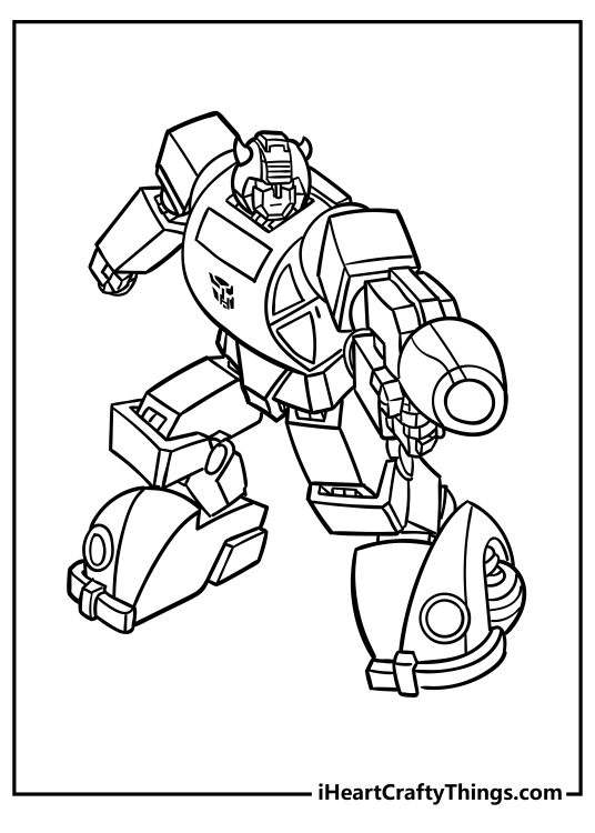 Coloring page for kids presenting Transformer Bumblebee featured about to fire a big weapon