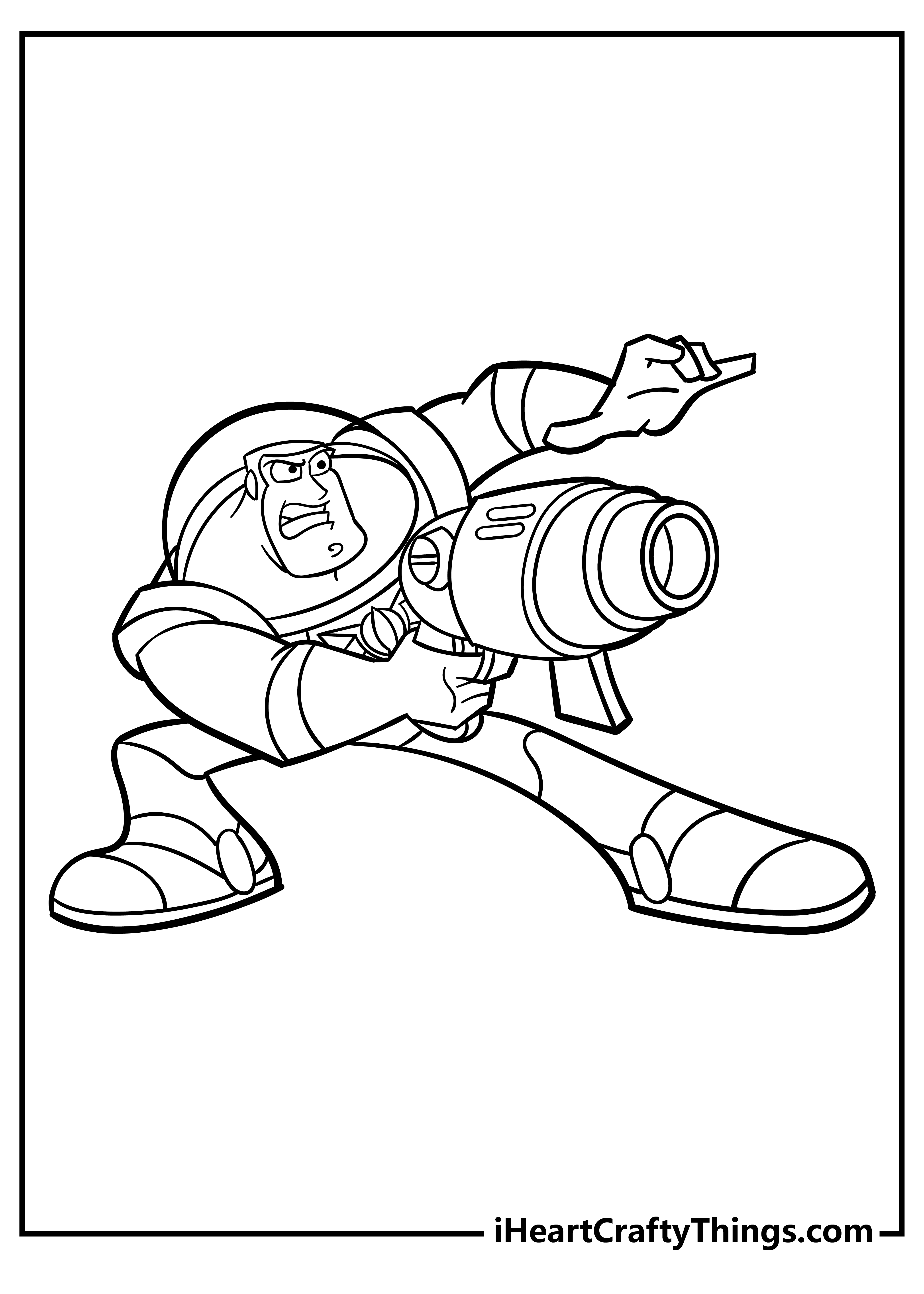 Buzz Lightyear cartoon coloring printable featuring Buzz using a cool-looking laser gun