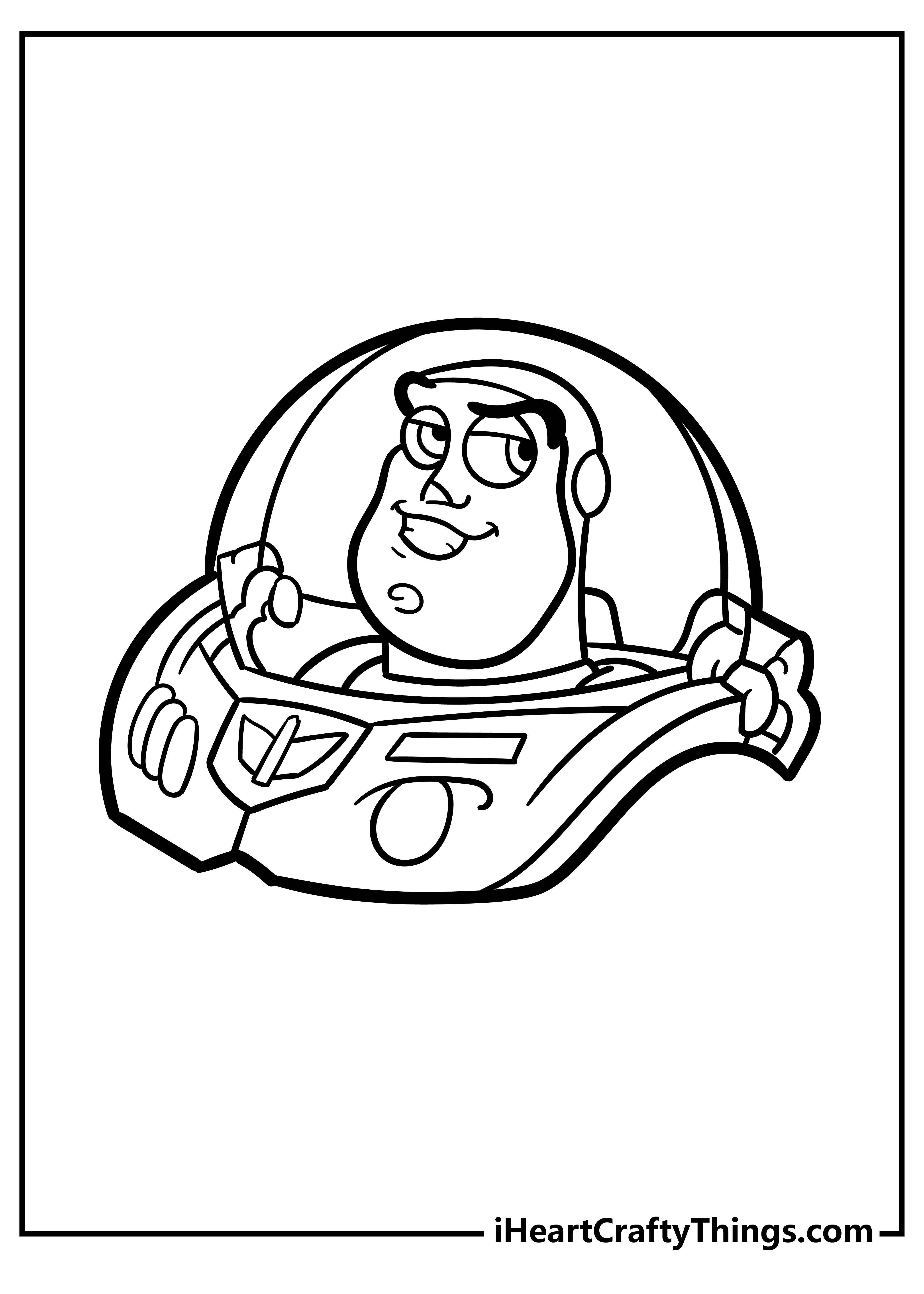 Buzz Lightyear cartoon-themed page featuring close-up portrait of space ranger Buzz