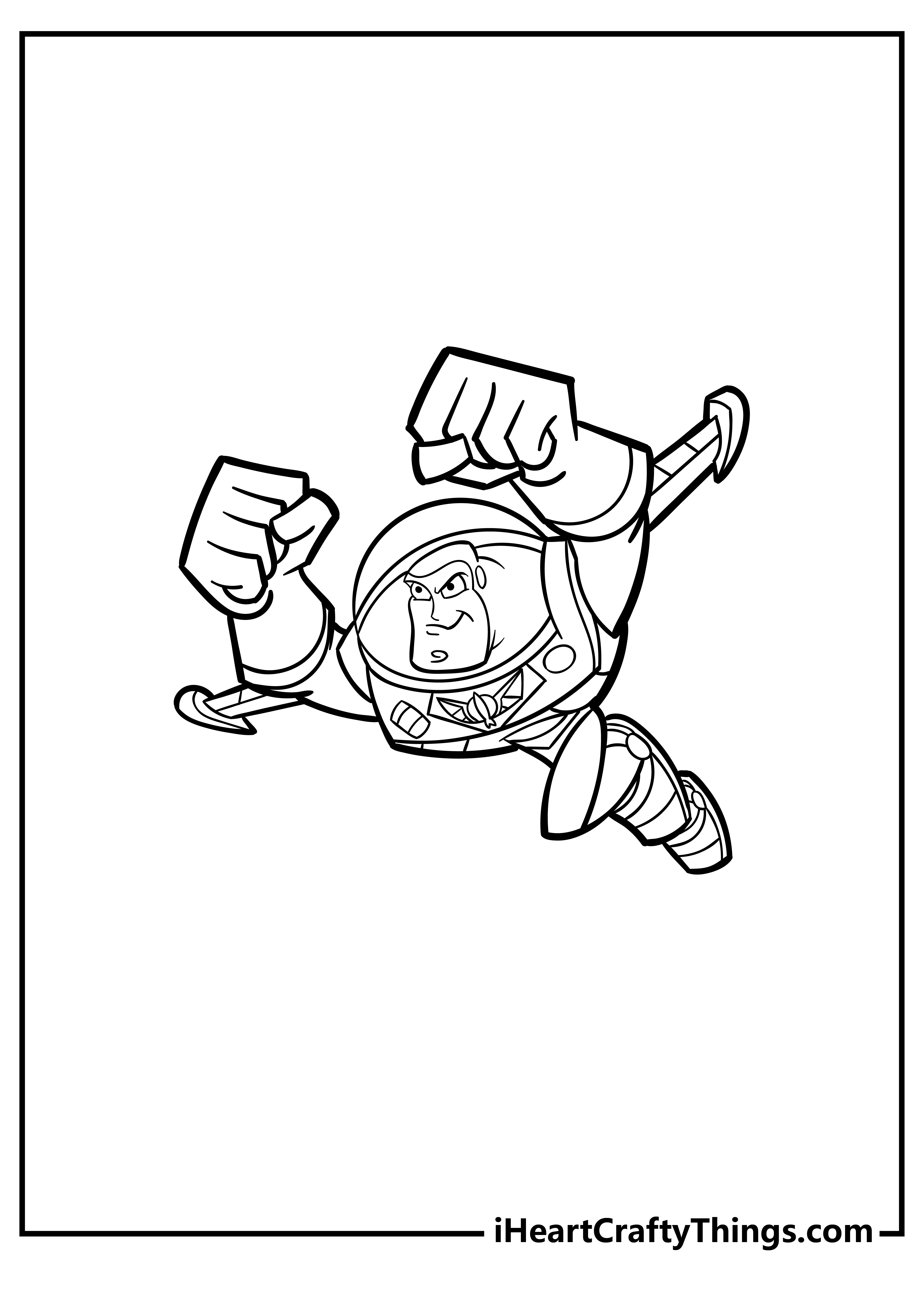 Free coloring image for kids featuring Buzz Lightyear blasting off with clenched fists