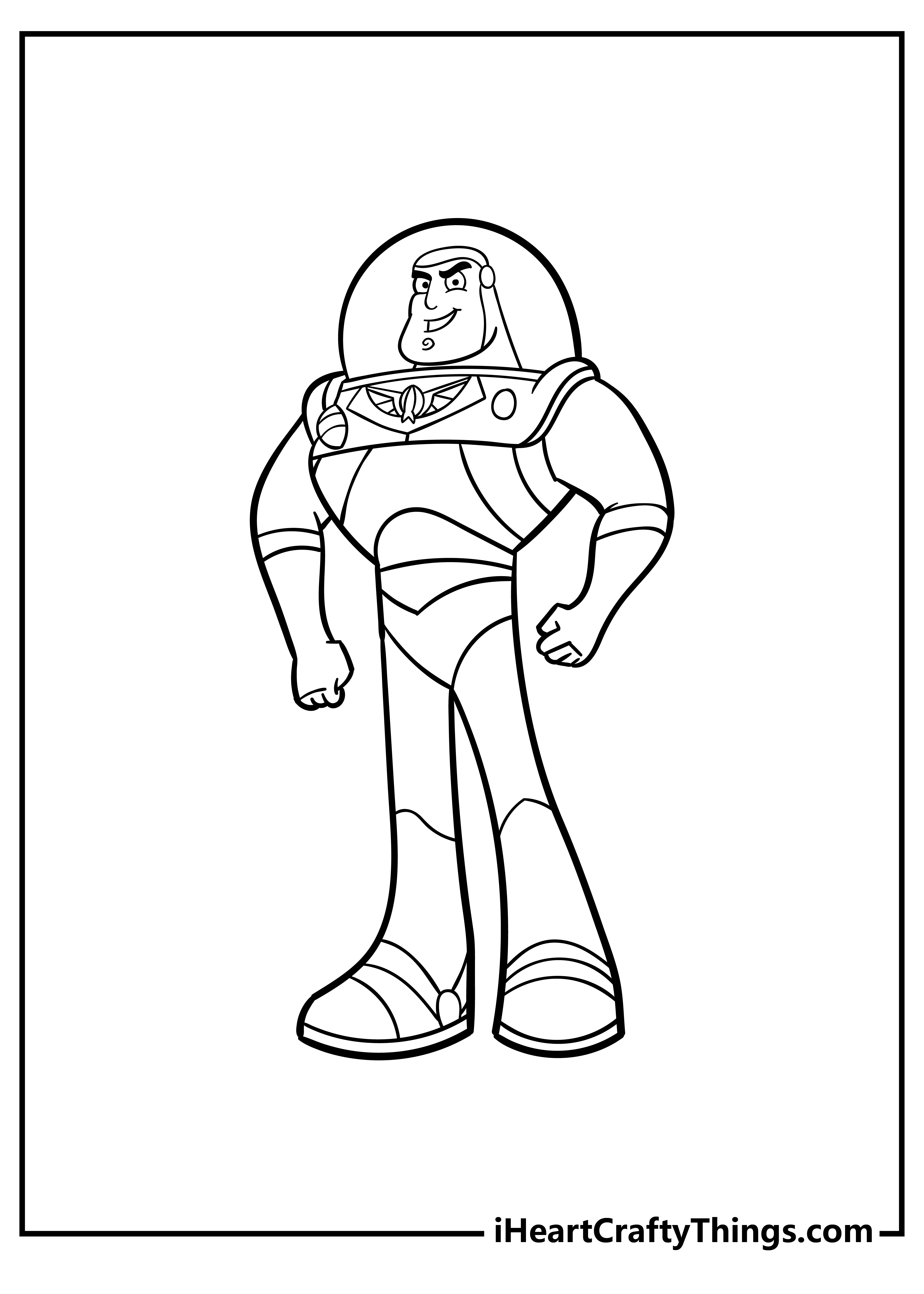 Free coloring printable featuring Buzz Lightyer posing proudly in his space suit